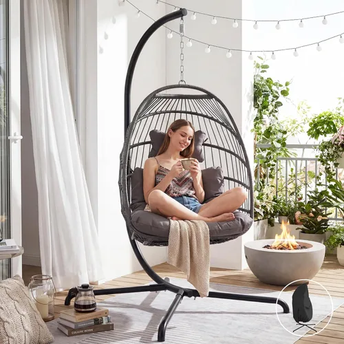Vista 17 de Hamaca colgante de mimbre, para interiores y exteriores, en forma de huevo, con almohadones resistentes a los rayos UV y estructura de aluminio
