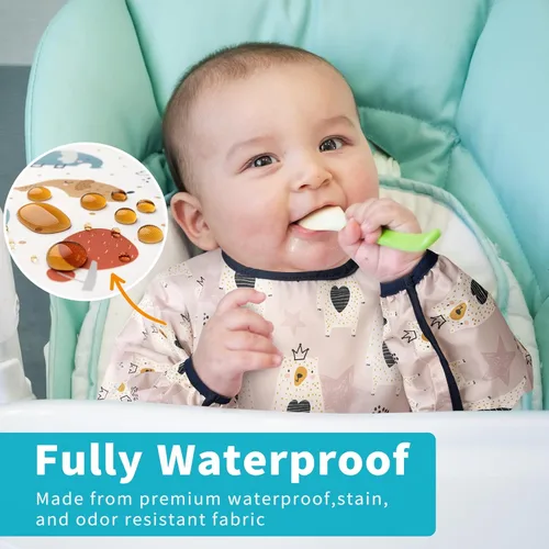 Vista 2 de Juego de baberos de manga larga de 3 piezas, baberos impermeables para bebés con bolsillo, babero para niños pequeños con mangas, bata resistente a