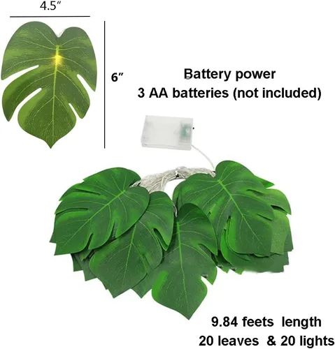Vista 6 de WEISPARK Guirnalda de 20 luces LED de hojas de palma, hojas de Monstera artificiales tropicales para colgar en la pared, enredadera para fiesta