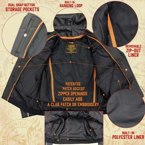 Vista 7 de Chamarra Leather King clasica de hombres, de cuero, estilo clásico, tira lateral, estilo policía de moto