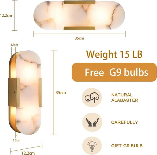Vista 8 de YIOSI Juego de 2 apliques de pared de 13.8 pulgadas, lámparas de pared de alabastro, lámparas de tocador de latón para baño, lámpara de pared