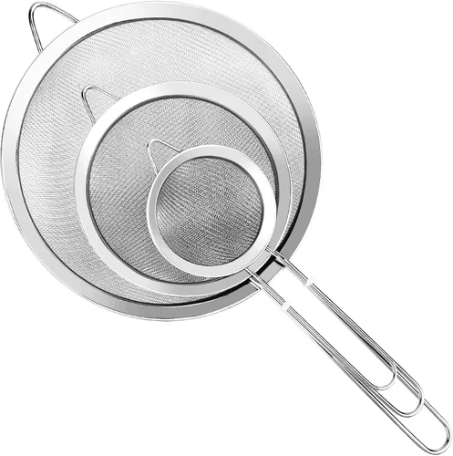 3Pcs Super Wire Extra Fine Mesh Strainer with Handle, Small Medium Large Size Sifter Metal Strainer Set, Stainless Steel Sieve Fine Mesh Strainers