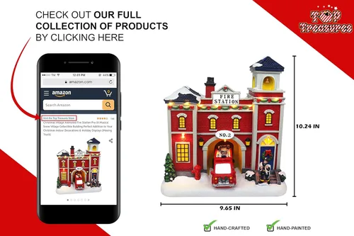 Vista 7 de Christmas Village - Estación de bomberos animada, edificio coleccionable de aldea musical de nieve preiluminada, complemento perfecto para tus