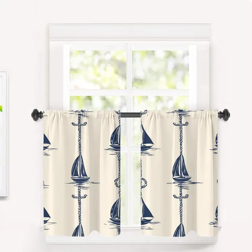 Vista 128 de Maritime Ocean Cafe Curtains,Anchors Nautical Art Blackout Tier Curtain Multilayer Polyester Short Kitchen Drapes 2 Pack 26X24 Inches