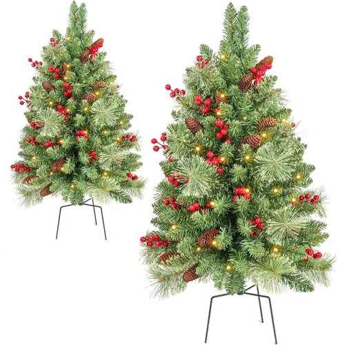 Vista 9 de Árbol de Navidad de 30 pulgadas preiluminado, 2 juegos de árboles de Navidad, preiluminados, LED, funciona con pilas, decoración de Navidad al aire