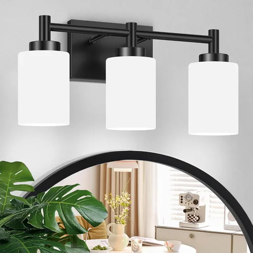 Lomoky 3-Light Bathroom Vanity Light Fixtures Over Mirror, Rustproof Vanity Lights for Bathroom, Modern Black Bathroom Lights Wall Mount with Milky