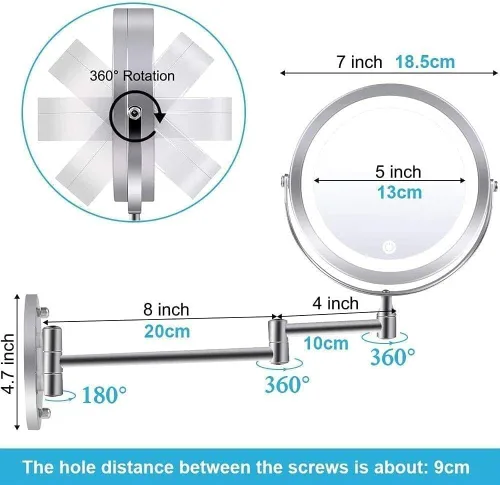Vista 5 de Wall Mounted Makeup Mirror 10x Magnification Touch Screen Adjustable Light Double Sided Vanity Mirror Swivel Extendable,USB Charging and Battery
