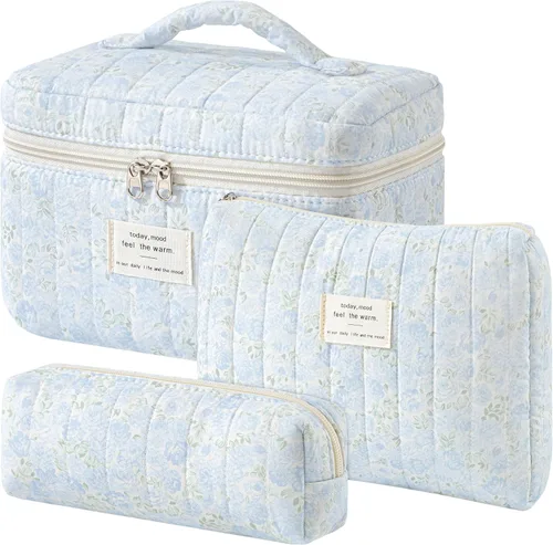 Vista 61 de HBselect Bolsa de maquillaje acolchada, 3 piezas de algodón grande, bolsa de maquillaje de viaje, bonita bolsa de maquillaje floral de coqueta