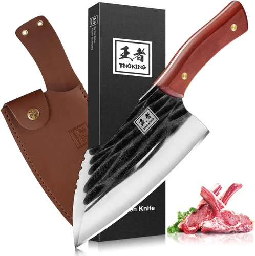 Vista 11 de ENOKING Cuchillo de carnicero de 5.7 pulgadas, cuchillo forjado a mano resistente para huesos con mango de madera, cuchillo de carnicero de espiga