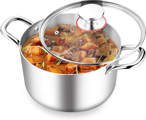 Vista 12 de TeamFar Olla de 10 cuartos de galón, olla grande de acero inoxidable de tres capas para sopa de pasta con tapa de vidrio, para gas de inducción