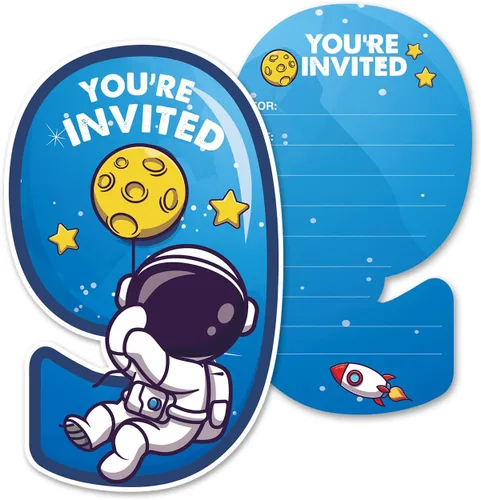 Vista 6 de Outer Space - Invitaciones de fiesta de primer cumpleaños con sobres, juego de 20 tarjetas de invitaciones de astronauta con una forma de astronauta