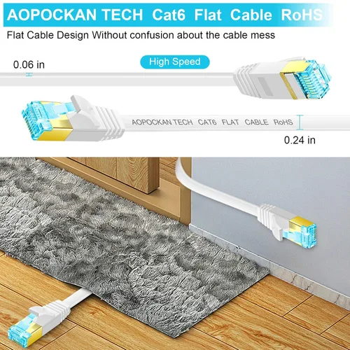 Vista 5 de Cable Ethernet Cat 6 de 25 pies, cables de conexión LAN de red de Internet planos – Cable sólido Cat6 de alta velocidad para computadora con clips