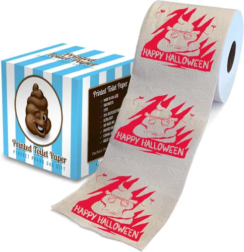 Vista 9 de Printed TP Papel higiénico impreso con texto en inglés "Happy Halloween", rollo de papel higiénico aterrador para sorpresa, broma, divertido regalo
