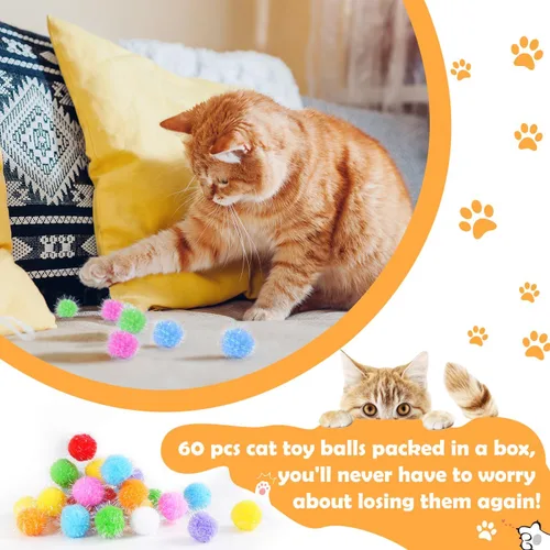 Vista 4 de DF DUALFERV 60 bolas de pompones para gatos, juguetes interactivos para gatos, bolas brillantes para gatos, extra grandes y peludas para ejercicio