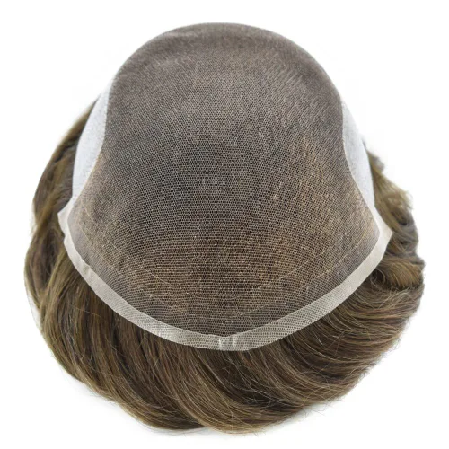 Vista 5 de Tupé de encaje suizo para hombre, pieza de cabello humano europeo, nudos blanqueados, línea capilar natural, encaje frontal, sistema de reemplazo