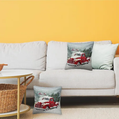 Vista 7 de Juego de 2 fundas de almohada de árboles de Navidad de 18 x 18 pulgadas, fundas de almohada decorativas con nieve y camión rojo, funda cuadrada
