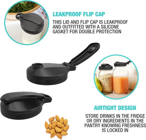 Vista 3 de Masontops Tapas Multi Top con Tapa Abatible para Frascos Mason - Boca Regular y Pequeña - Beber, Verter, Almacenar y Más - A Prueba de Fugas Paquete