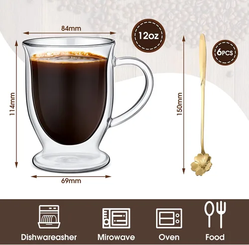 Vista 3 de Gejoy 6 juegos de tazas de café de vidrio de doble pared con cuchara, taza de café transparente aislada con asa, tazas de café de vidrio