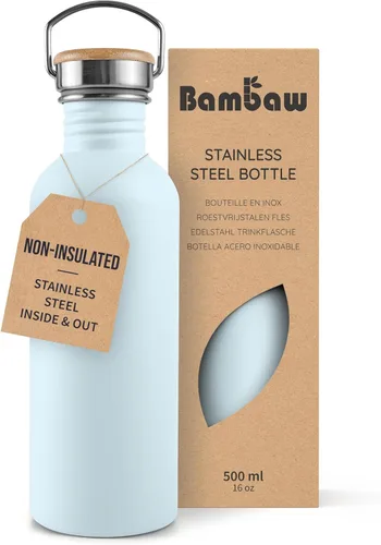 Vista 28 de Bambaw Botella de agua de acero inoxidable de 16 onzas, botella deportiva azul marino, no aislada, de pared simple, botella de agua pequeña de metal