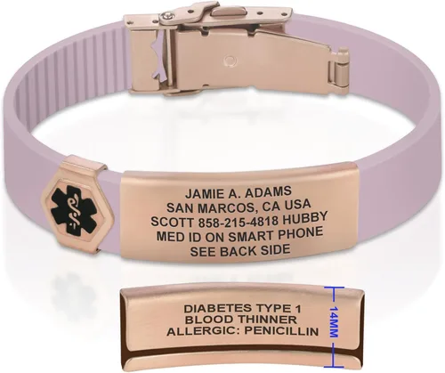 Vista 164 de Divoti Pulsera de identificación de alerta médica grabada personalizada, grabado láser de doble cara (hasta 9 líneas), pulsera de silicona ajustable