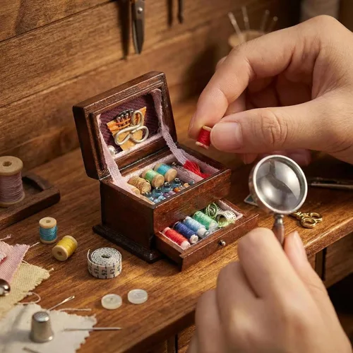 Vista 4 de Accesorios para casa de muñecas, kit de herramientas de costura en miniatura, accesorios para sala de coser, cesta de costura, modelo de simulación
