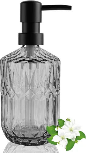 Vista 11 de 14Oz Gold Pump Glass Soap Dispenser, Amber Diamond Design Countertop Refillable Liquid Bottle Hand Dish Lotion Dispenser with Plastic Pump, for