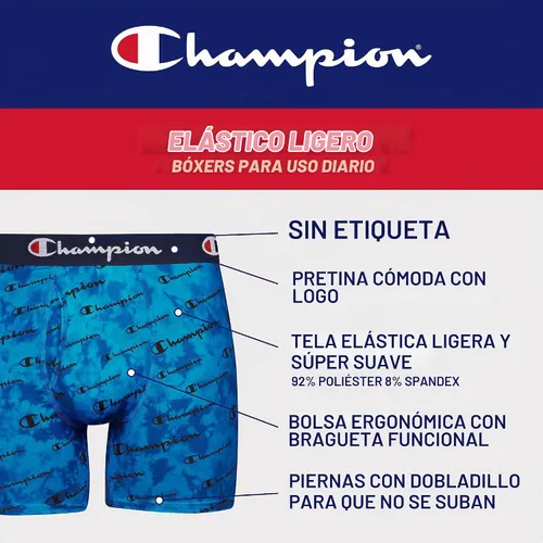 Vista 4 de Champion Calzoncillos tipo bóxer elásticos ligeros para hombre, paquete de 3 unidades Negro con logotipo de escritura/cian eléctrico/escarlata