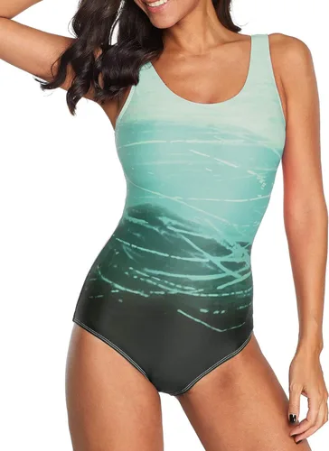 Vista 4 de American Trends Traje de baño de una pieza para mujer, espalda cruzada, estampado de bloques de color, trajes de baño atléticos modestos