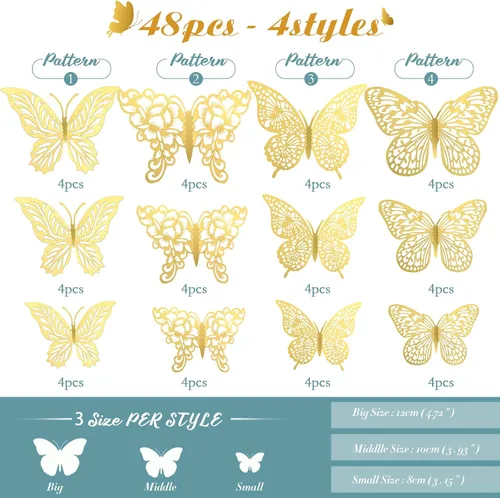 Vista 2 de Decoración de pared de mariposa dorada 3D, 3 tamaños, 4 estilos, decoraciones de fiesta de mariposas, decoraciones de pasteles, calcomanías