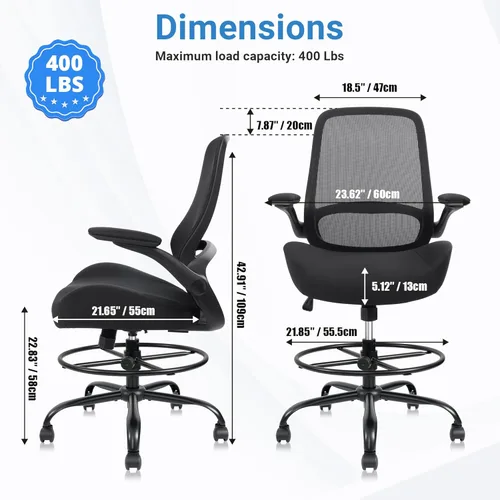 Vista 2 de HYLONE Silla de dibujo alta de oficina con reposabrazos abatibles y ajustables, silla ergonómica para computadora con reposapiés ajustable, anillo