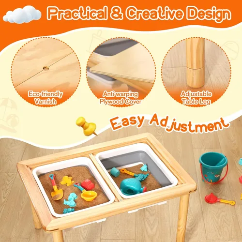 Vista 5 de FUNLIO Mesa sensorial de madera para niños pequeños de 1 a 5 años, altura ajustable con tapa de madera contrachapada antideformación, mesa de arena