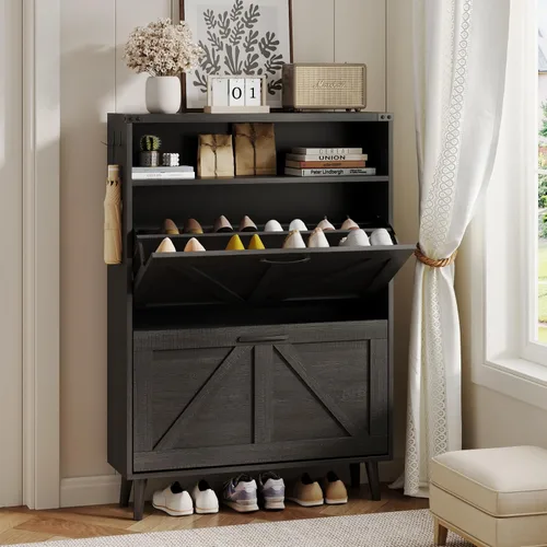 Halitaa - Gabinete para zapatos con 2 cajones abatibles y almacenamiento abierto, gabinete de almacenamiento de zapatos estilo granja para entrada,