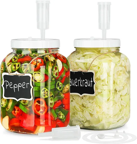 Folinstall Paquete de 2 Frascos de Fermentación Grandes de 1 Galón con 2 Tapas de ROSCA y 3 Válvulas de Aire - Tapa 100% Hermética, Frasco de Vidrio