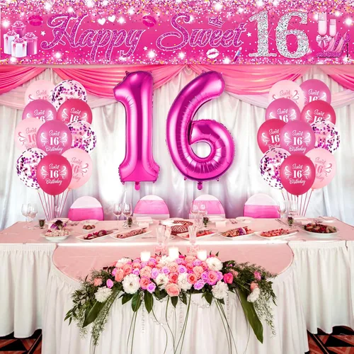 Vista 2 de Sweet 16 Pink Birthday Decorations - 20 Pcs Balloons, 40 Inch Number 16, Happy Sweet 16 Banner