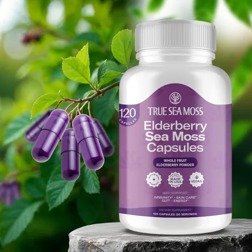 Vista 3 de TrueSeaMoss Cápsulas de musgo marino irlandés, 120 cápsulas de saúco (1600 mg) - Extractos de frutas superalimento - para el bienestar general