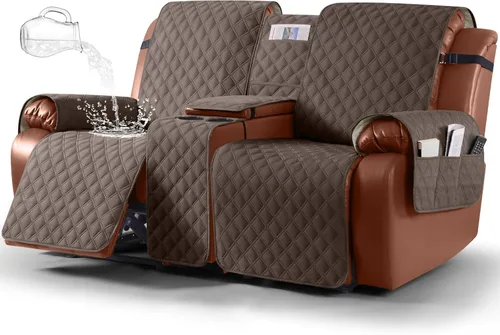 Vista 14 de Ruaozz Funda impermeable para sofá biplaza reclinable con consola, funda antideslizante para sofá reclinable dividido, con correas elásticas, Beige