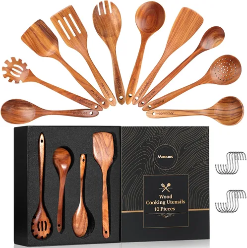 Vista 10 de Cucharas de madera para cocinar, juego de utensilios de cocina de madera de teca con ganchos, acabado liso, antiadherente, agarre cómodo, utensilios