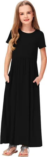 Vista 2 de Deerose Vestido largo casual de manga corta para niñas, con bolsillos, de 5 a 14 años