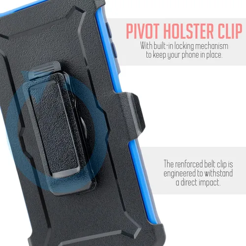 Vista 4 de Funda diseñada para Samsung Galaxy A02S, con soporte giratorio de vidrio templado con clip para cinturón, funda protectora de cuerpo completo Azul