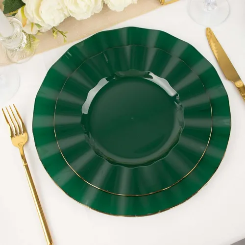 Vista 61 de Efavormart 10 Pack Platos redondos de plástico negro de 6" para postre y ensalada, platos desechables para aperitivos con borde ondulado dorado