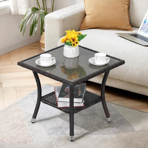 Vista 2 de Super Patio Mesa auxiliar de mimbre para patio al aire libre, mesa de centro de mimbre cuadrada con parte superior de vidrio, marco de aluminio