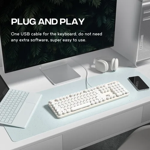 Vista 3 de Teclado de computadora con cable, teclado USB retro redondo para máquina de escribir, teclado con cable de tamaño completo con soportes plegables