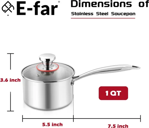 Vista 2 de E-far Cacerola de 1 cuarto de galón, sartén de acero inoxidable de tres capas con tapa de vidrio, pequeña olla de inducción de cocción compatible