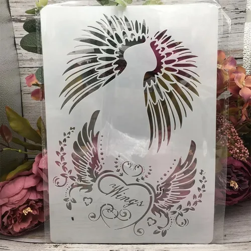 Vista 3 de TIAMECH Plantilla de alas reutilizables A4 para pintar, par de plantillas de capas de corazón de ala de ángel, arte de pared, muebles de madera
