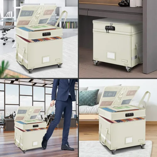 Vista 3 de DocSafe Caja de documentos ignífuga con cerradura, caja de archivos de 2 capas con ruedas, organizador de almacenamiento de archivos plegable
