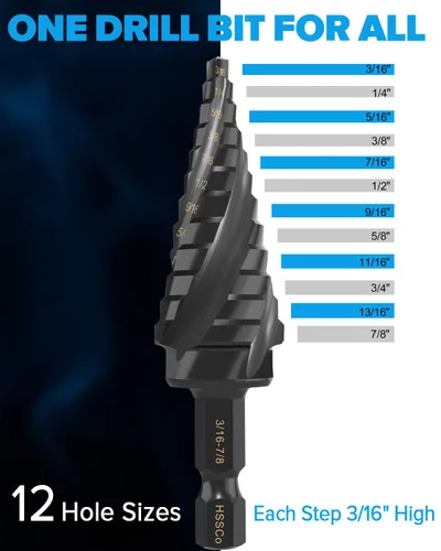 Vista 4 de Broca de paso de 3/16-7/8 pulgadas con cuatro flautas en espiral, broca de paso M2 de acero de alta velocidad con vástago hexagonal de 1/4