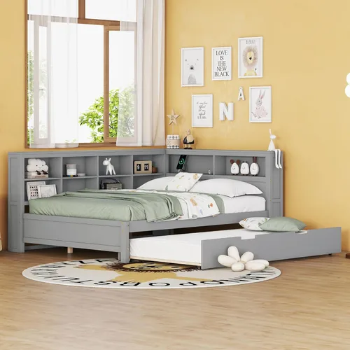 Vista 40 de Quarte Elegante cama de plataforma con estanterías en forma de L, cama de plataforma de madera tamaño individual con 2 cajones de almacenamiento