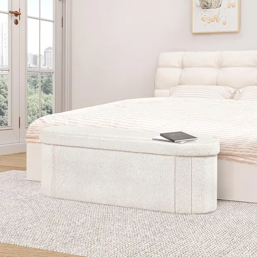 Vista 8 de B FSOBEIIALEO - Otomana con espacio de almacenamiento para sala de estar, reposapiés plegable, de vellón, banco plegable para dormitorio, 43.3 Blanco