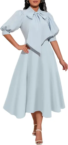 IWFEV Bowknot manga abullonada vestido de mujer una línea de cintura alta vestido midi vestido liso