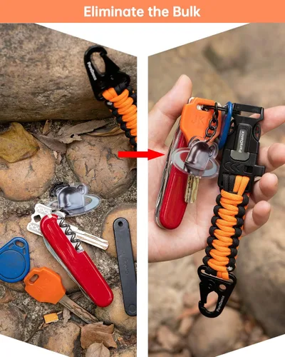 Vista 4 de Survival Keychain Fire Starter w/Flint Striker Paracord Whistle Keyring for Hiking Camping Fishing Hunting